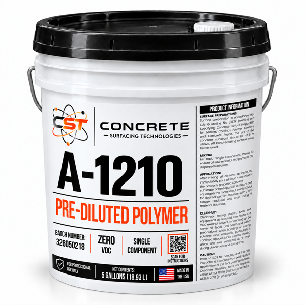 CST A-1210 Pre-diluted Polymer in a white five-gallon pail with black pour-spout lid and wraparound product information panel