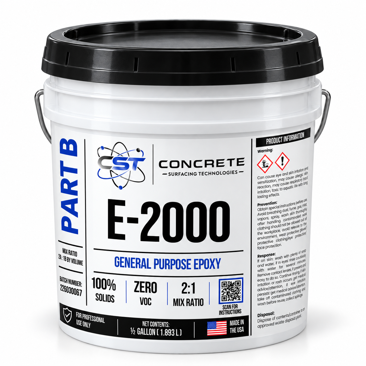 Digital mockup of E-2000 Part B in a white half-gallon pail with a black lid and wrapped CST label