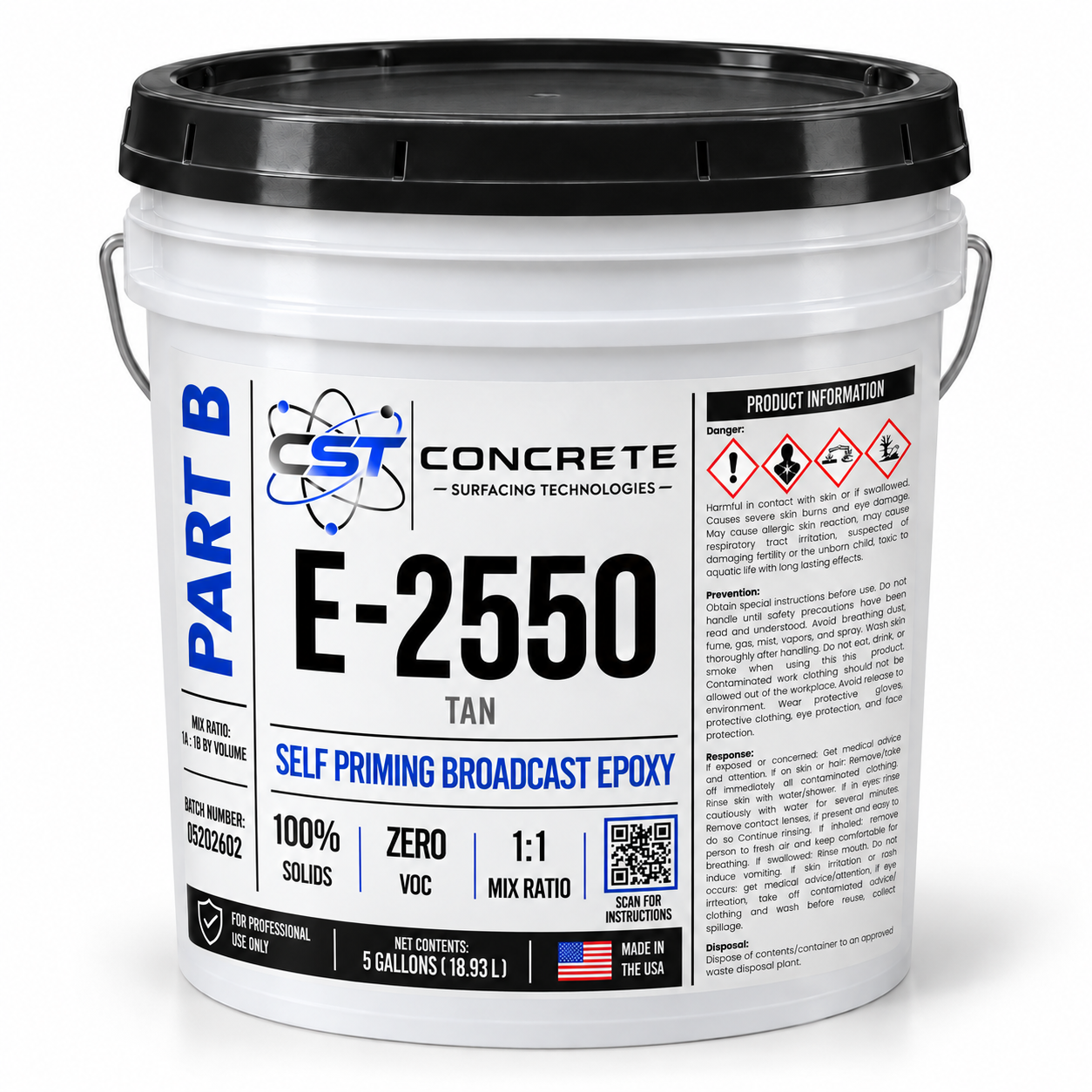 Digital mockup of E-2550 Part B Tan in a white five-gallon pail with a black lid